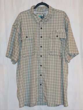 Magellan Outdoors Short Sleeve Plaid Button-Up Shirt-Green, Light Maroon, White.
